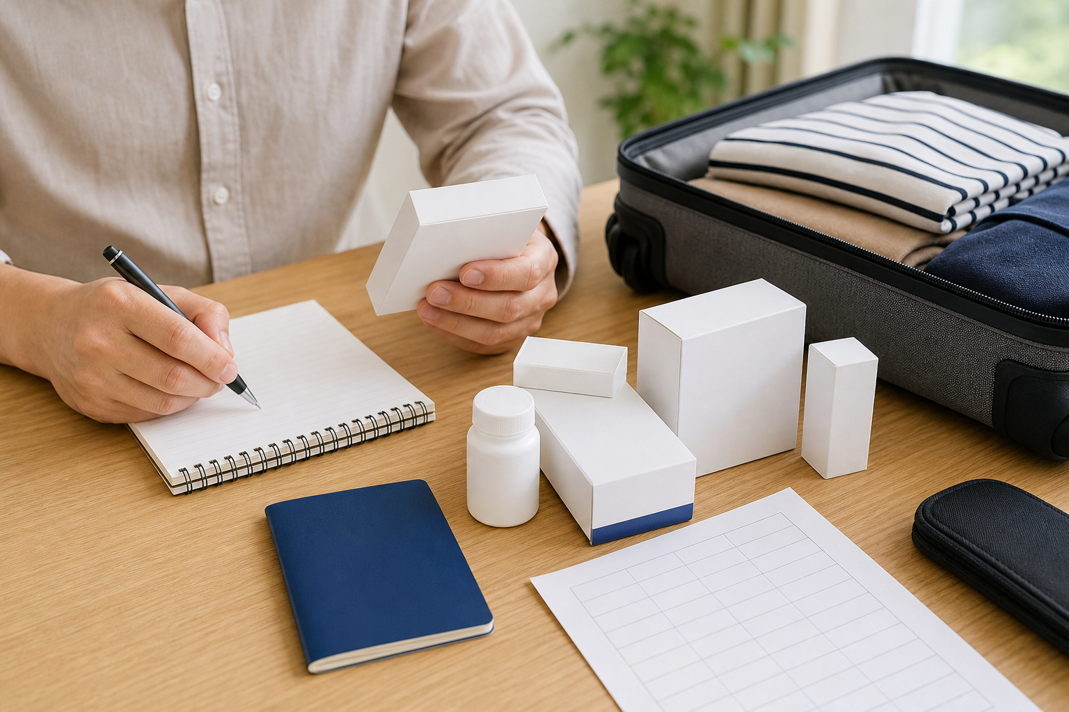 A traveler records medicine details beside a passport and carry-on bag before a Japan trip