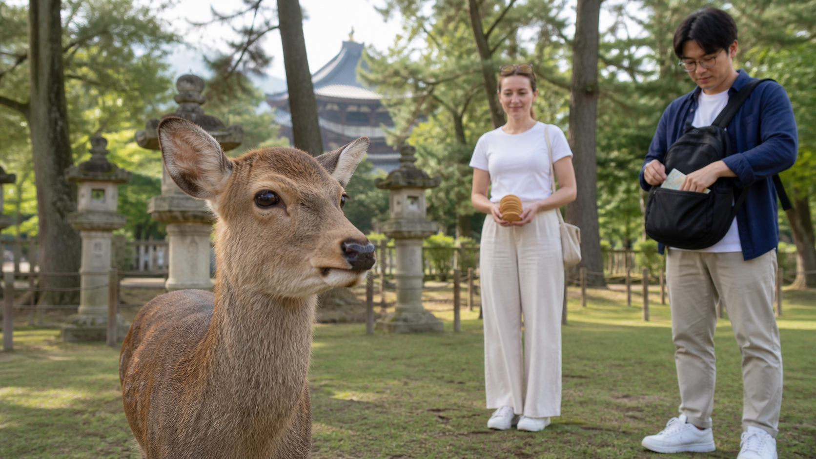 A visitor zips a map into a bag beside a Nara deer and a stack of deer crackers