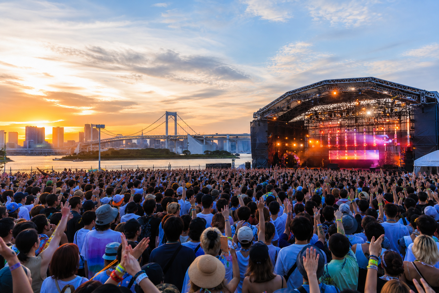 An outdoor electronic music festival crowd on the Odaiba waterfront at sunset
