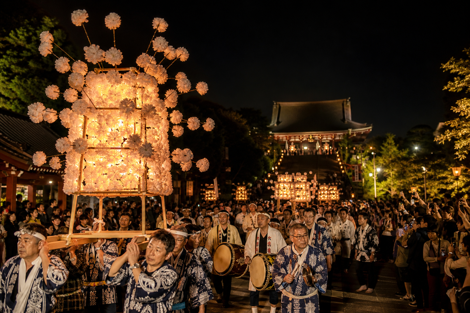 Mando lantern procession approaching Ikegami Honmonji at night