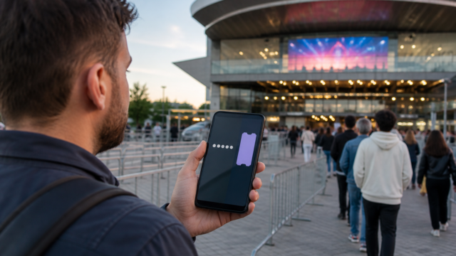 Traveler checking a phone verification screen and event ticket before entering a Japanese concert venue