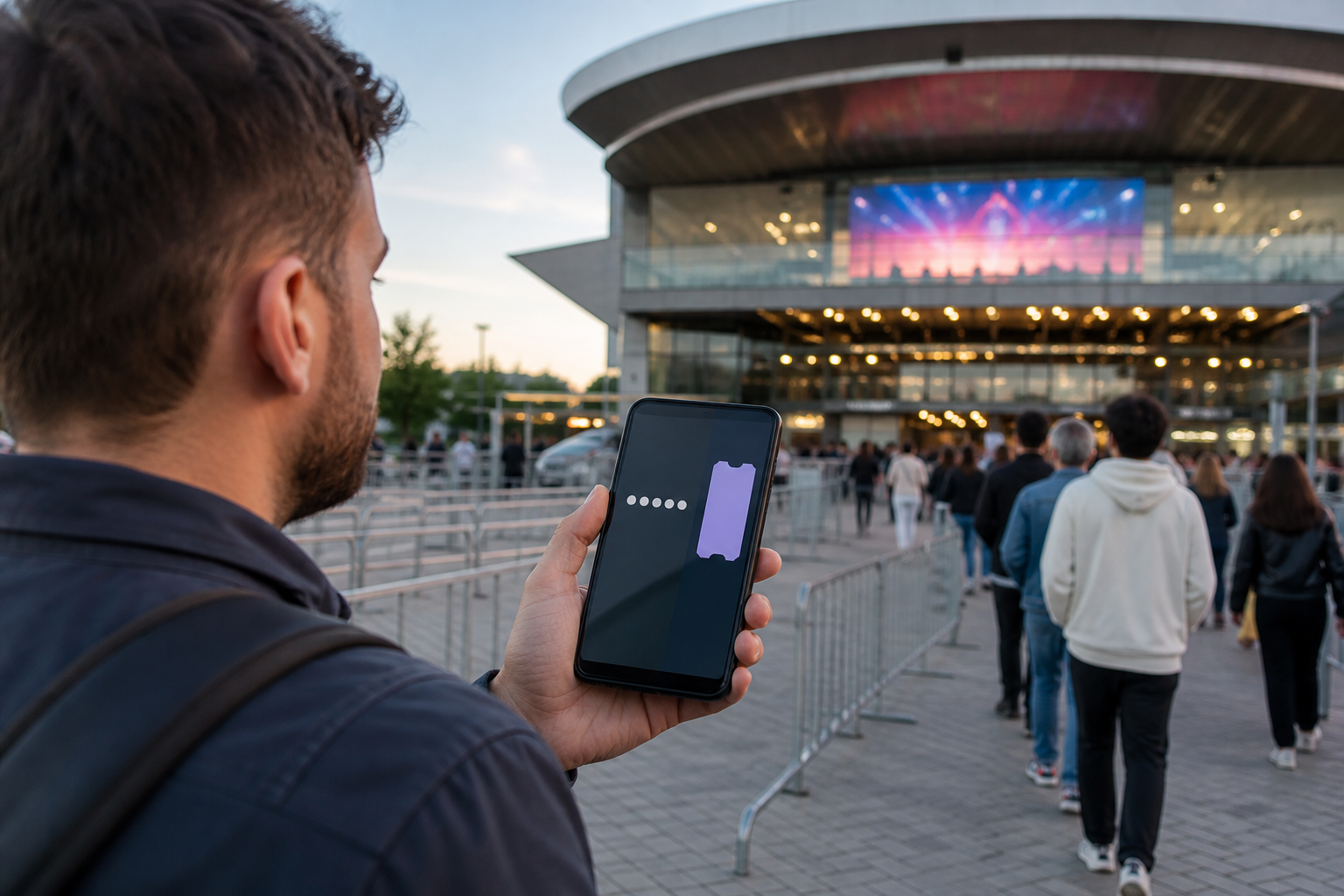 Traveler checking a phone verification screen and event ticket before entering a Japanese concert venue