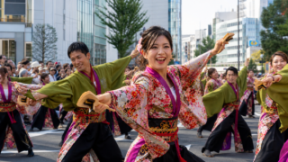 Fictional yosakoi dancers holding naruko clappers on a modern Tokyo street