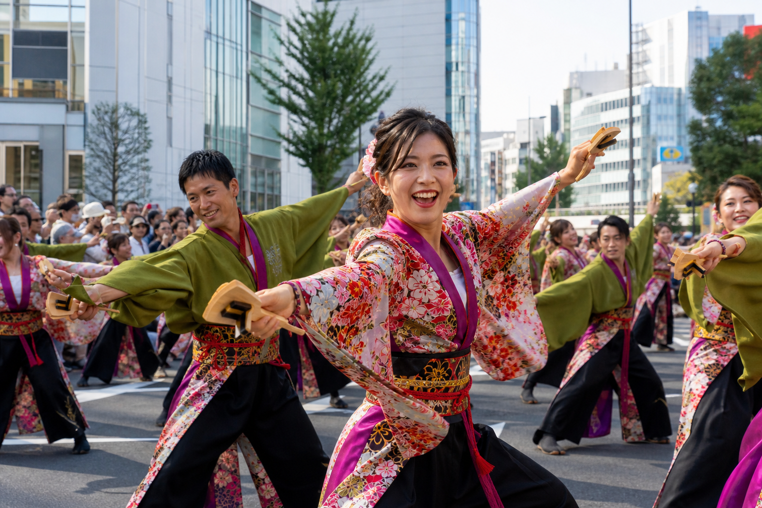 Fictional yosakoi dancers holding naruko clappers on a modern Tokyo street