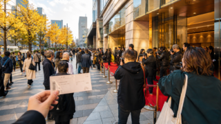 Film-festival audience arriving at a cinema in central Tokyo at blue hour