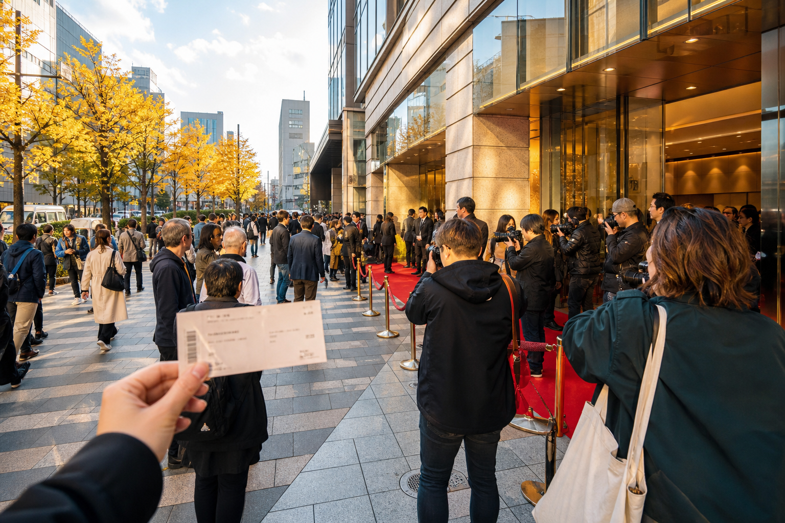 Film-festival audience arriving at a cinema in central Tokyo at blue hour