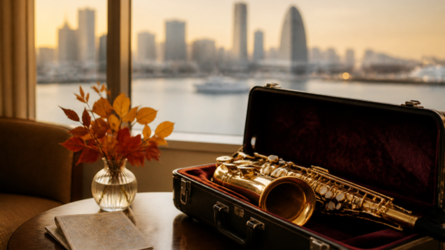 Saxophone still life with a softly blurred Yokohama harbor skyline