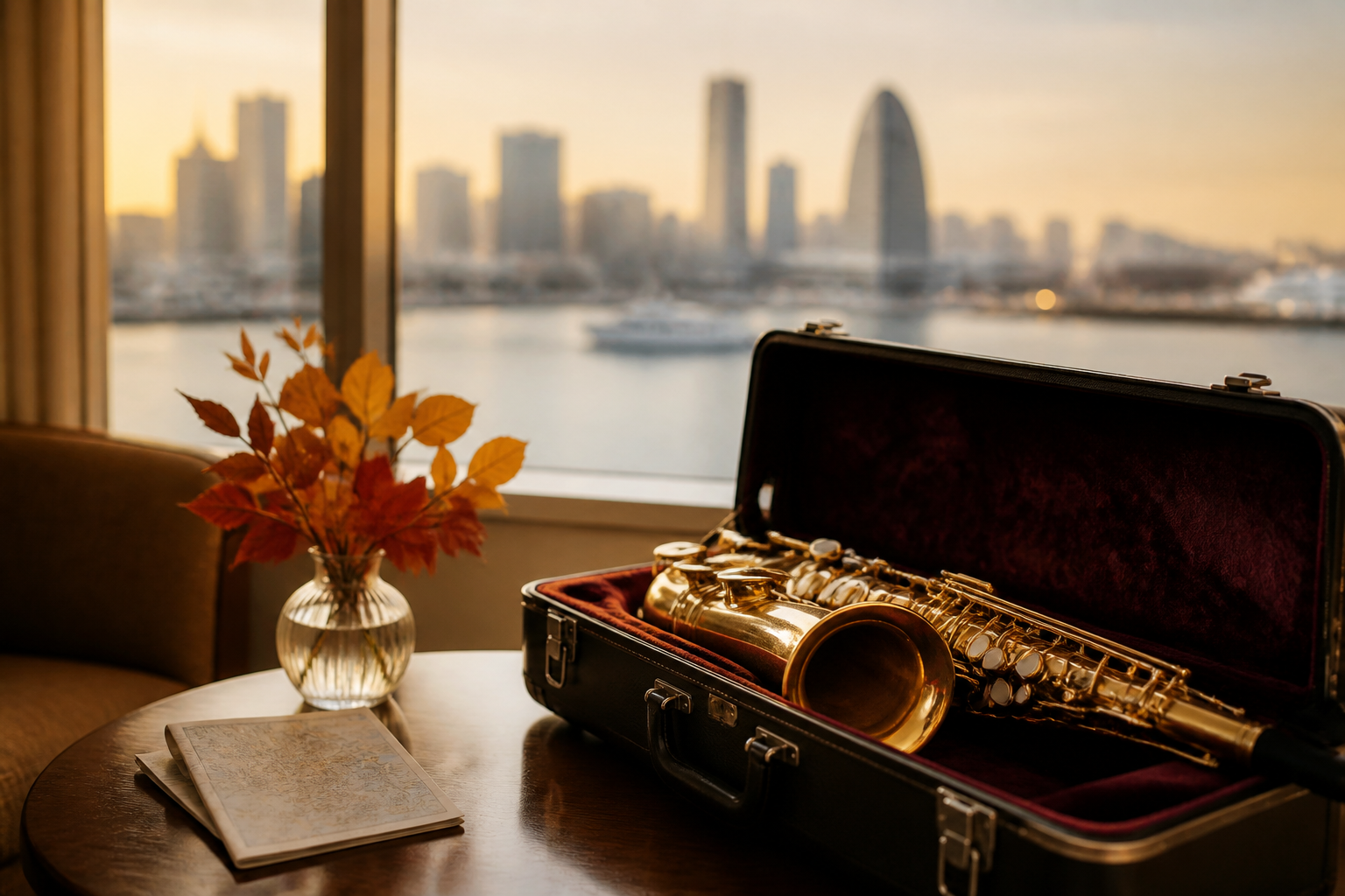 Saxophone still life with a softly blurred Yokohama harbor skyline