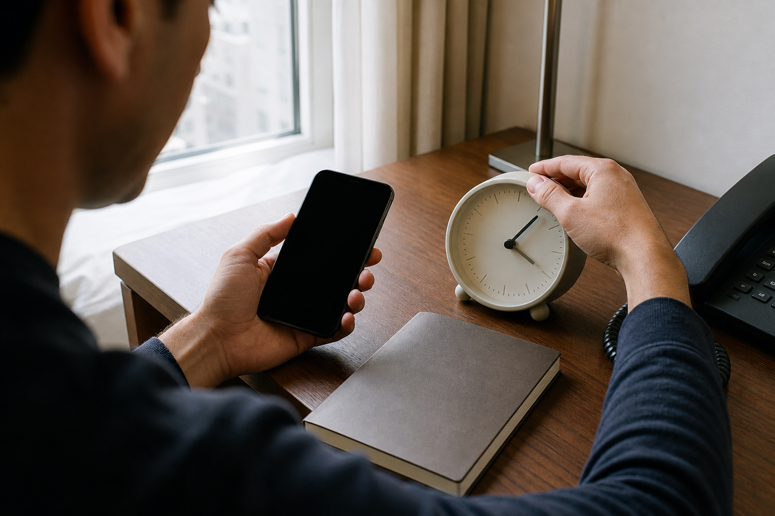 Traveler setting a deadline reminder beside a blank notebook