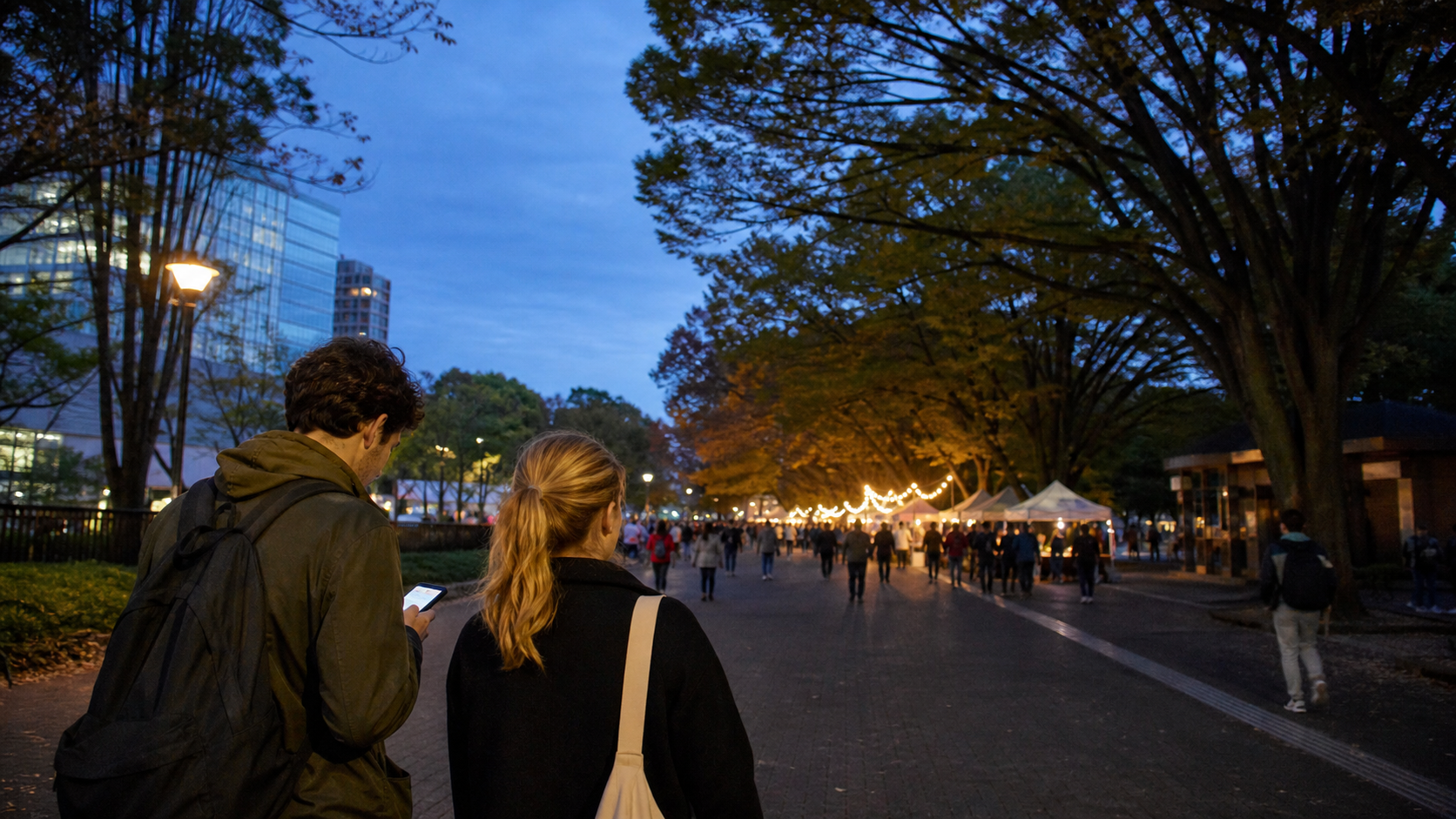 Illustrative travelers approaching a tree-lined market avenue while checking a phone route