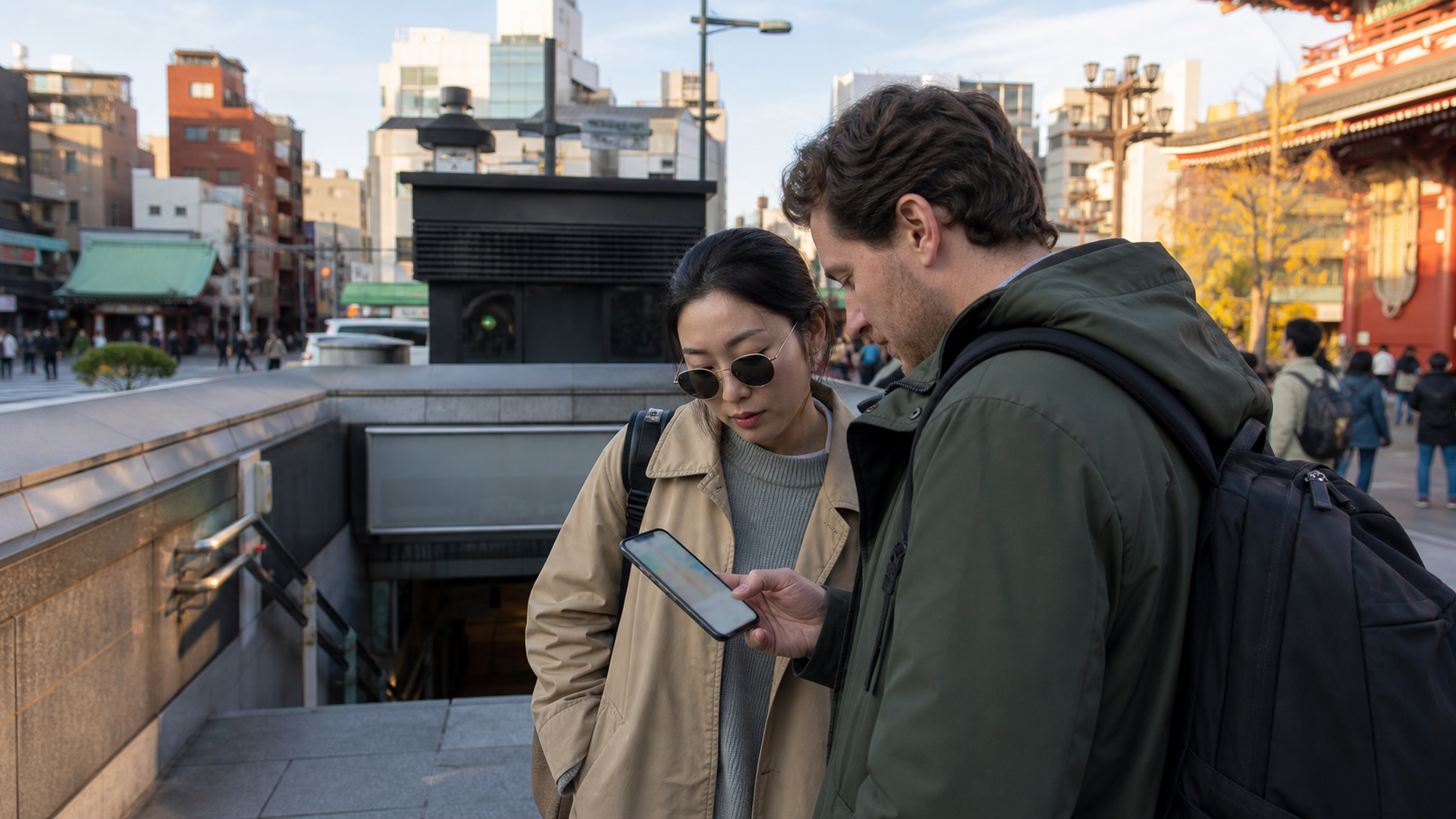Travelers checking a saved walking route near a subway entrance in Asakusa