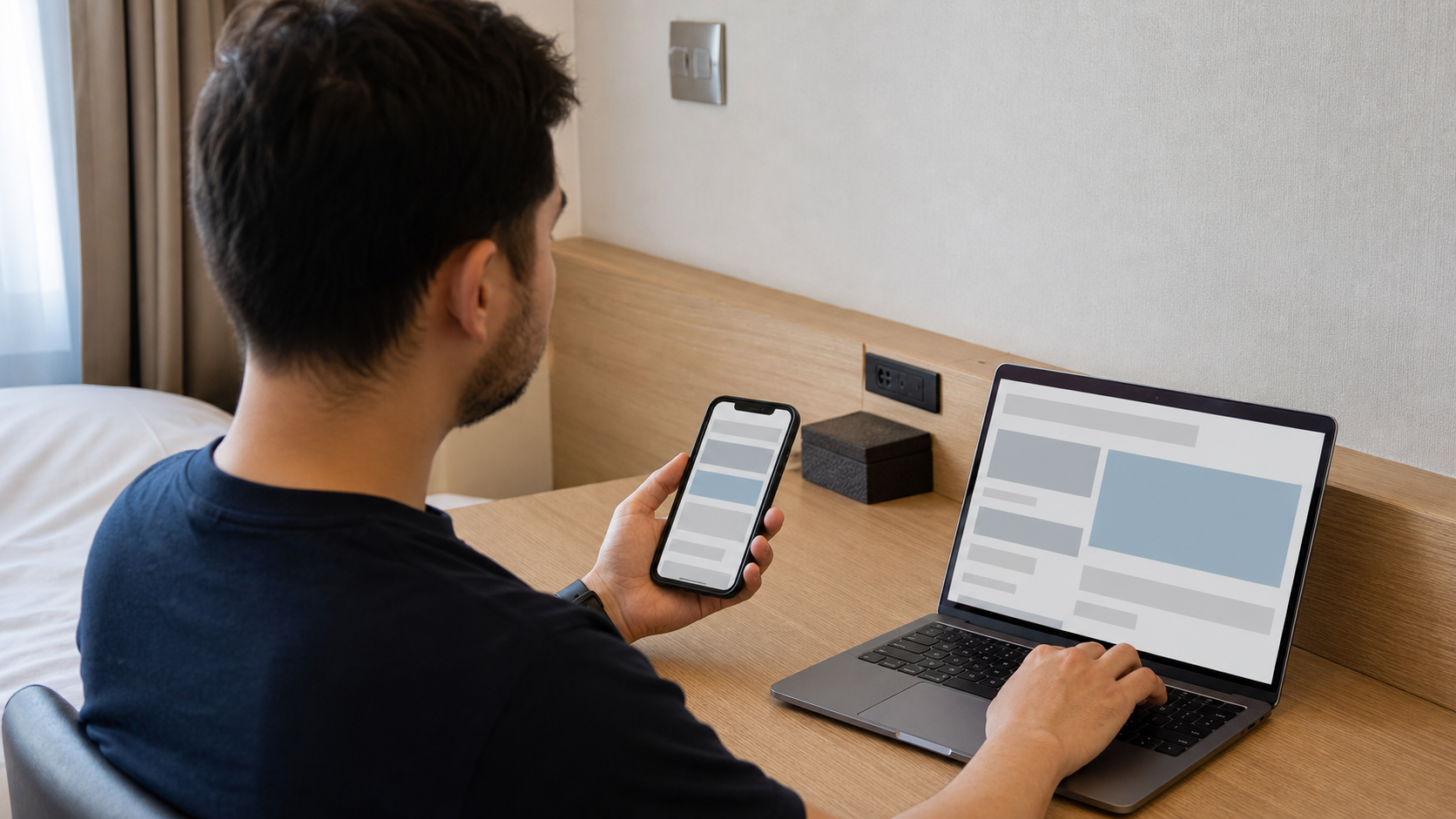 Illustrative traveler checking a venue-linked ticket route on a laptop and phone