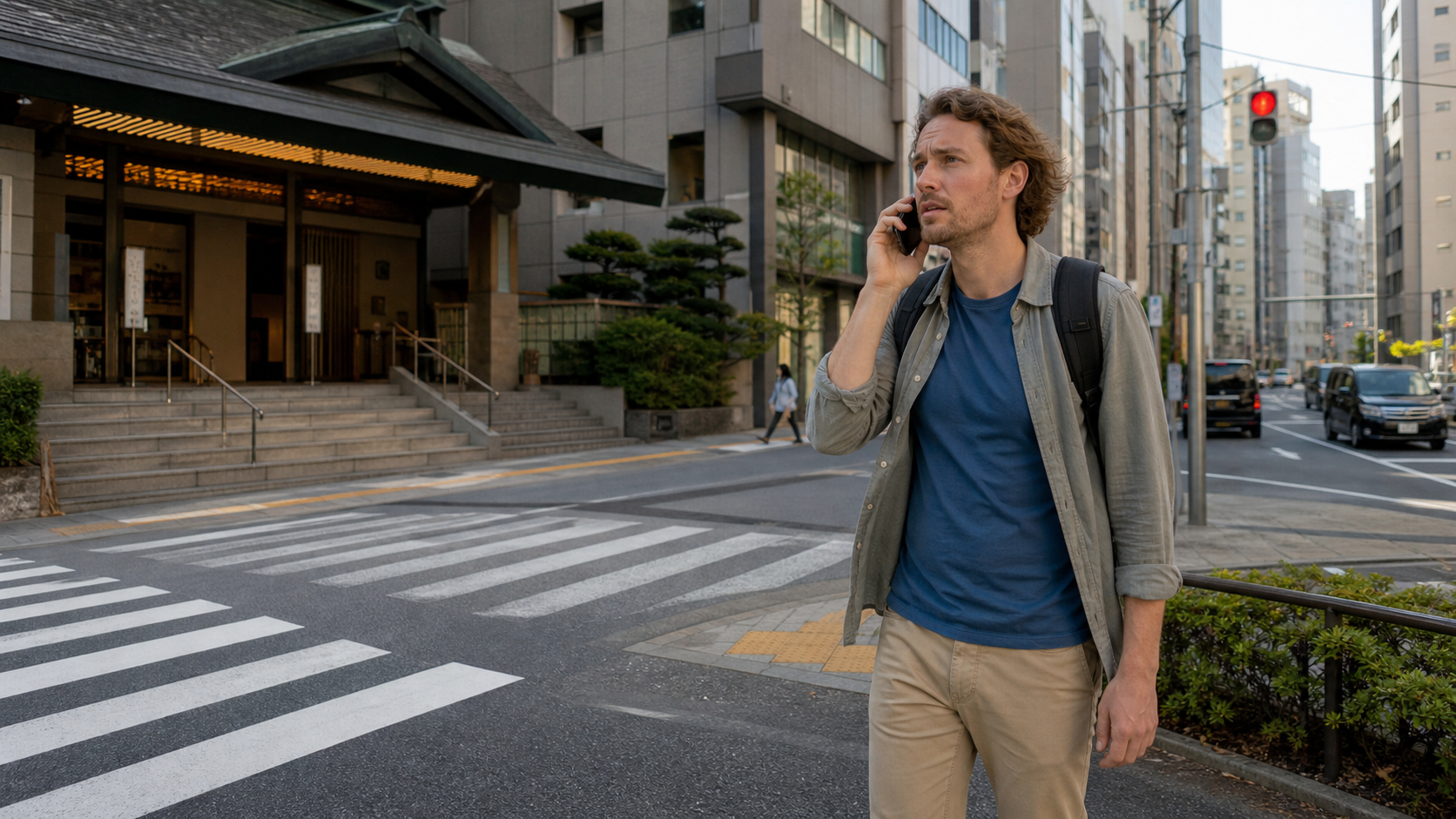 Traveler calling beside a clear Japanese intersection and building entrance