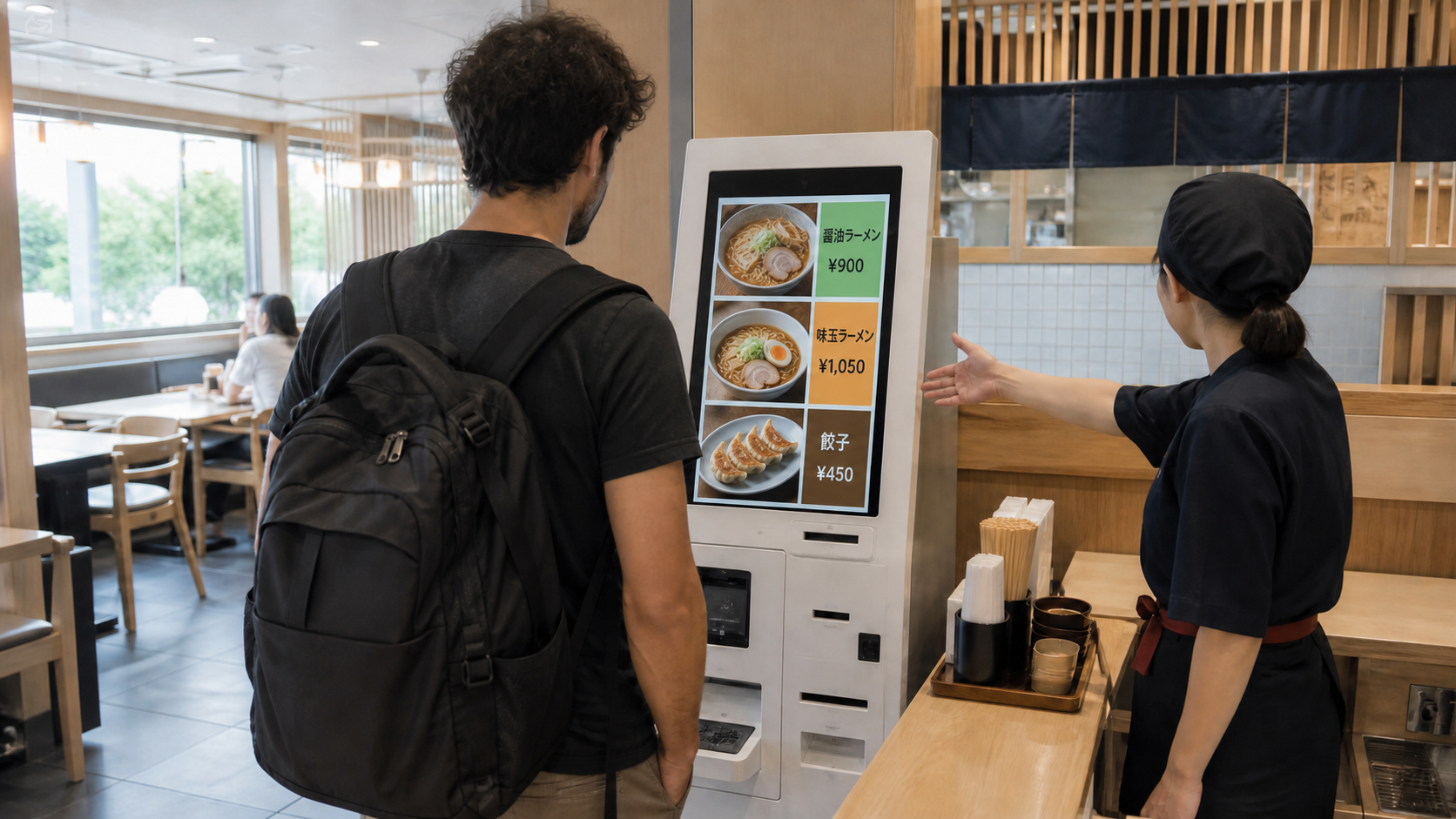 Restaurant staff pointing a traveler to a ticket machine listing ramen and gyoza with prices