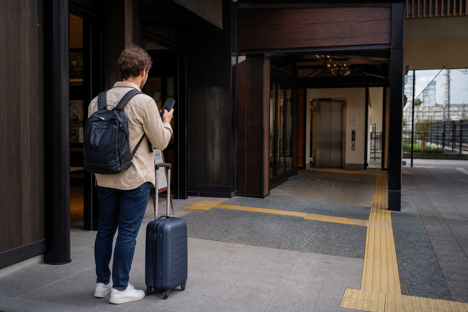 Traveler checking a station route outside a Japanese station