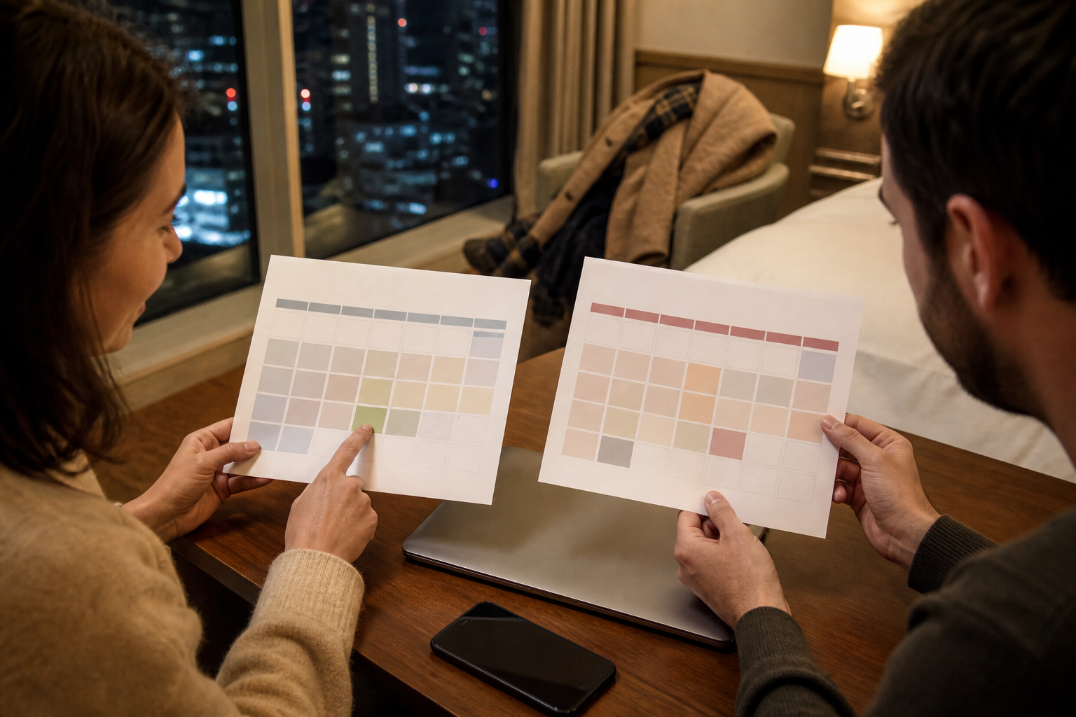 Illustrative travelers comparing November and December park calendars
