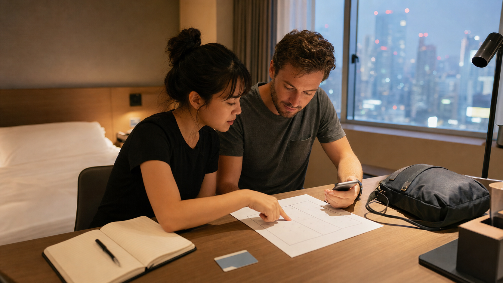 Two travelers compare a paper calendar and phone while planning their convention day