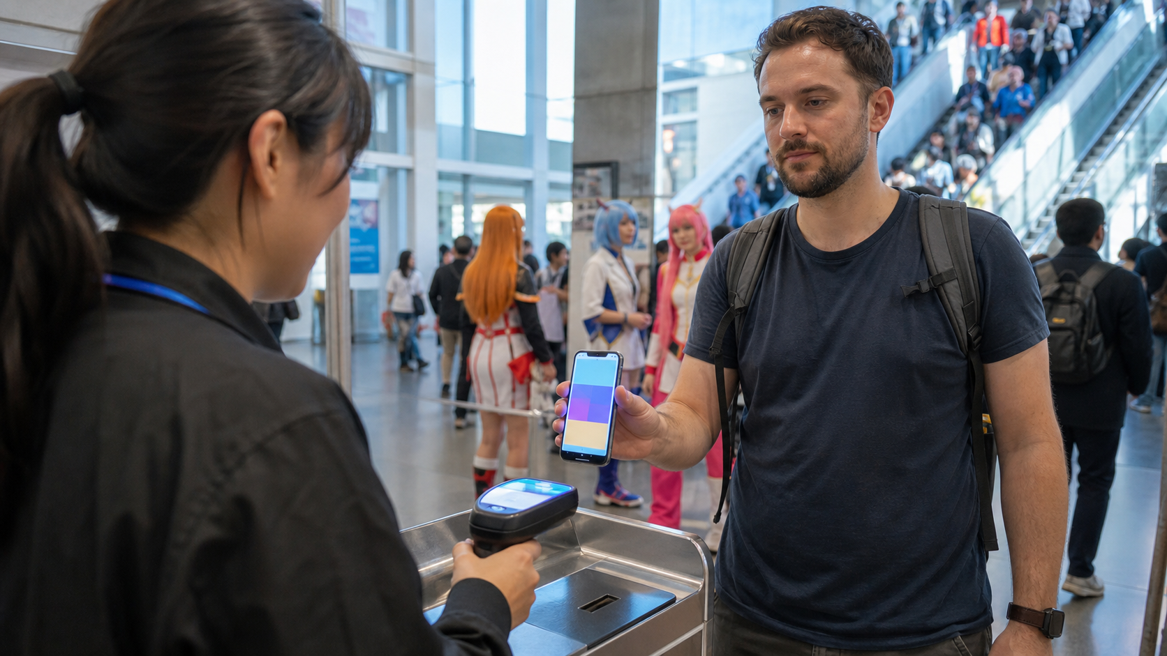 A traveler showing a generic electronic admission pass at a convention entrance