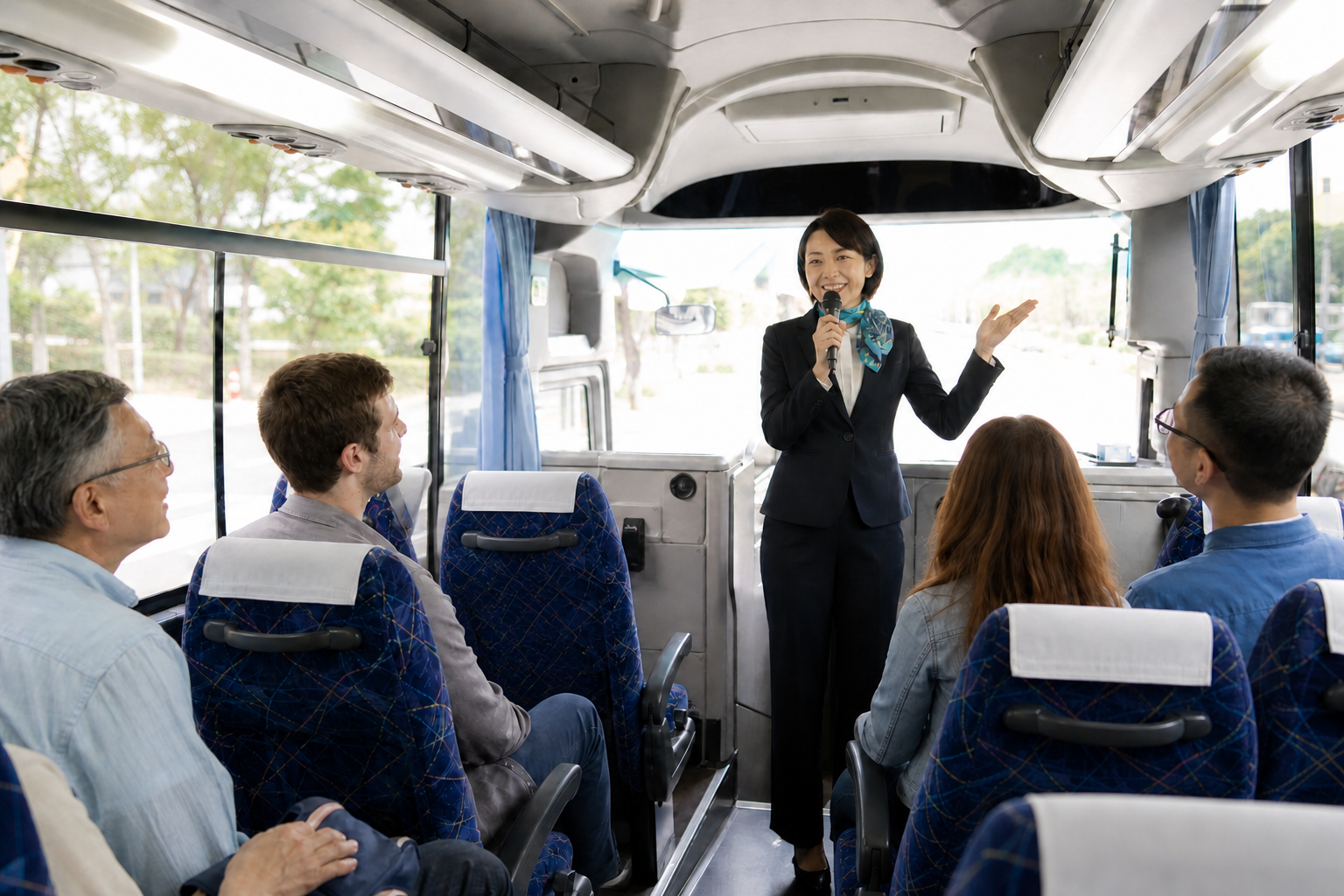 English-speaking guide addressing travelers inside a sightseeing coach