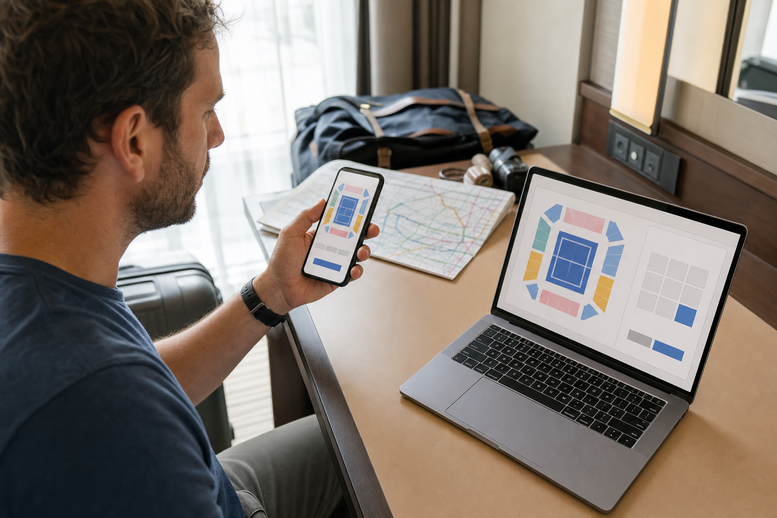 Traveler comparing tennis ticket seat diagrams on a phone and laptop before buying