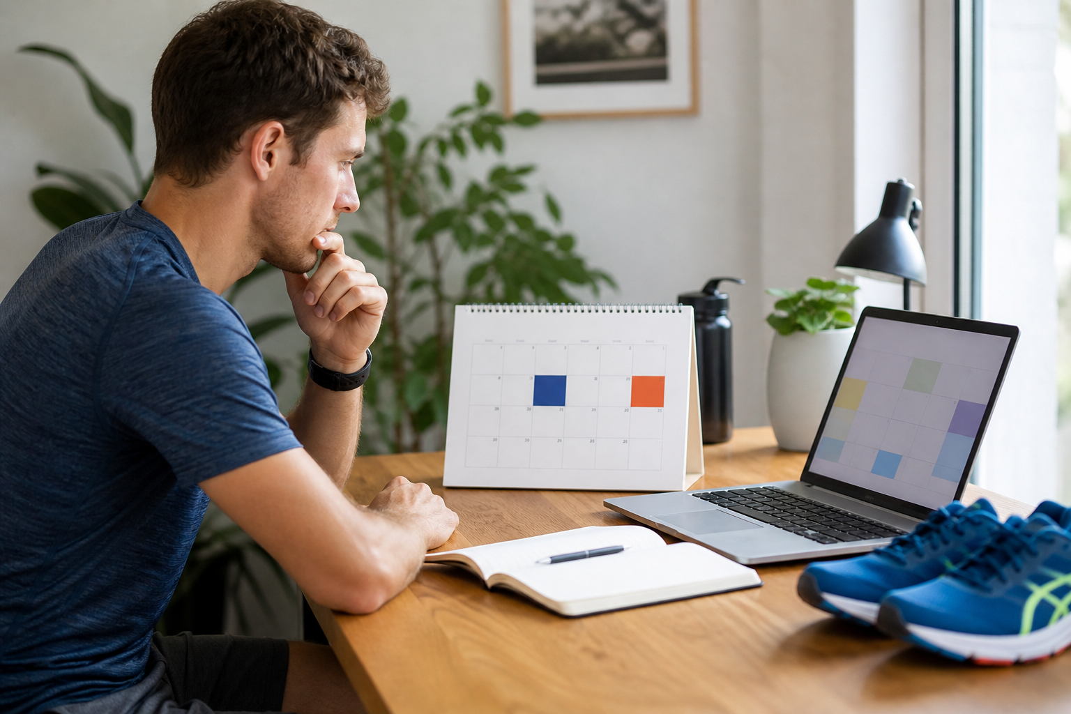 Overseas runner comparing Tokyo Marathon application windows with a calendar and laptop