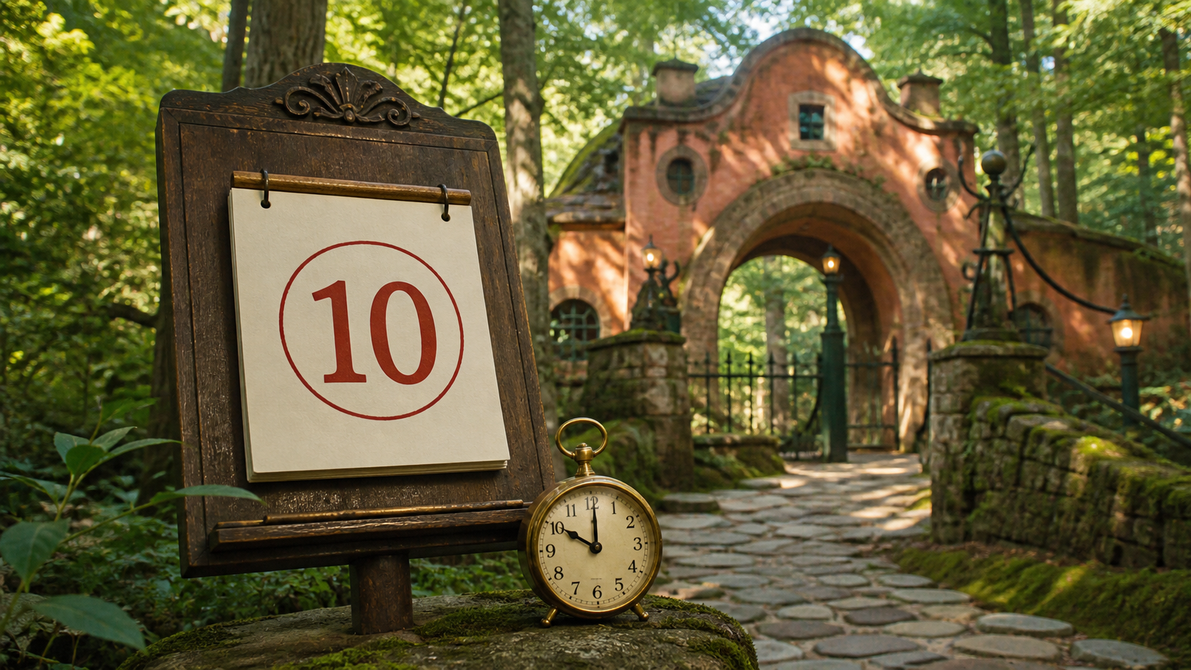 Forest calendar marked 10 beside a clock at 10 a.m.