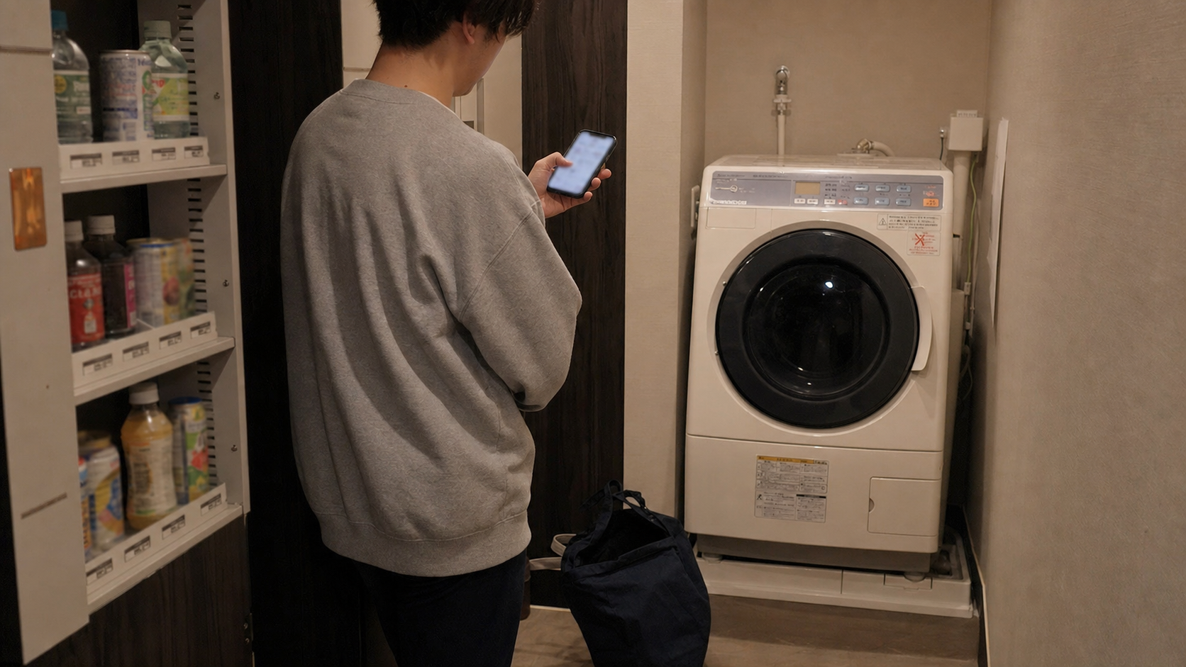 Traveler checking a nearby laundromat beside a compact hotel washer dryer