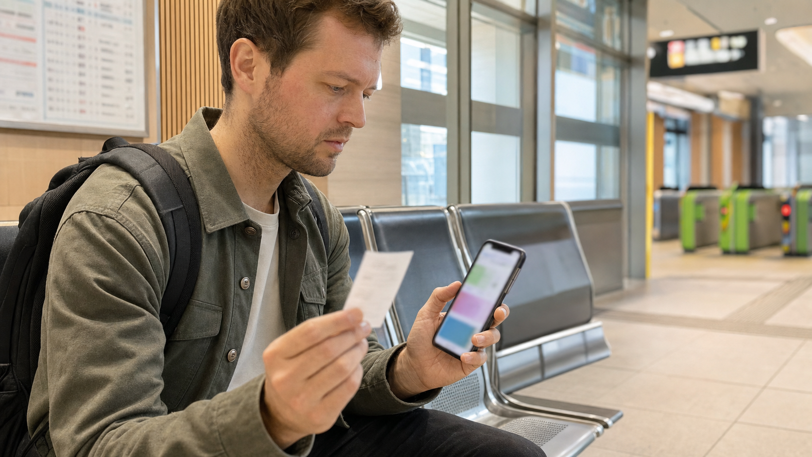Traveler comparing a card receipt with a blurred phone wallet screen at a station