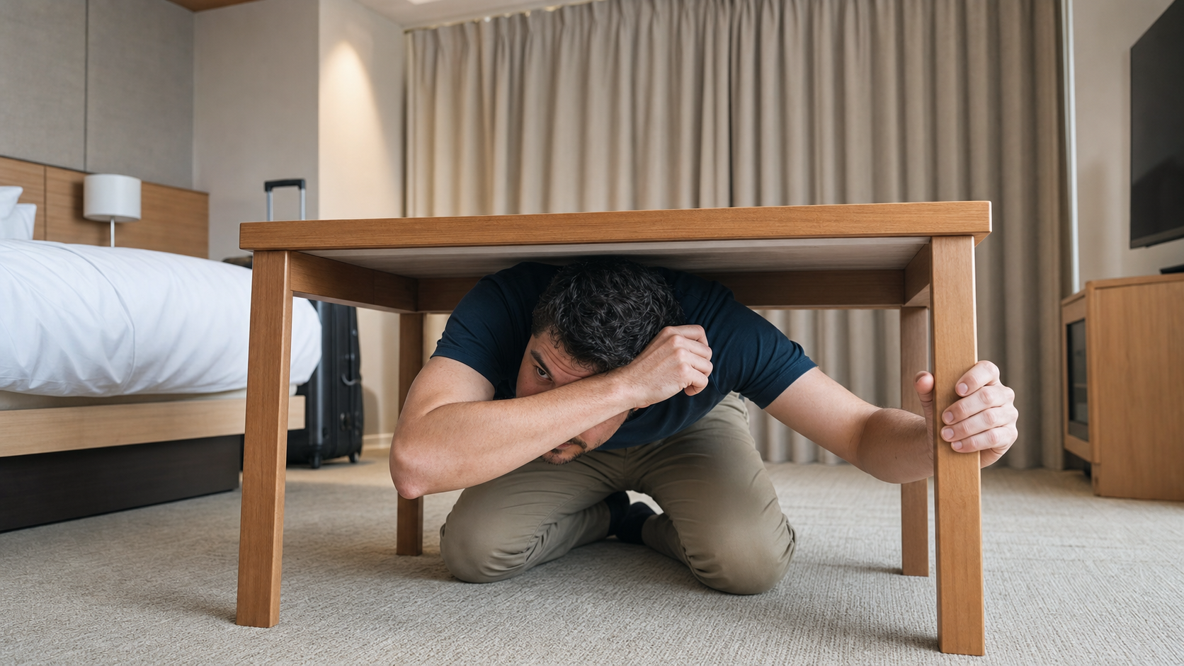 Hotel guest holding a sturdy table leg while protecting his head during an earthquake