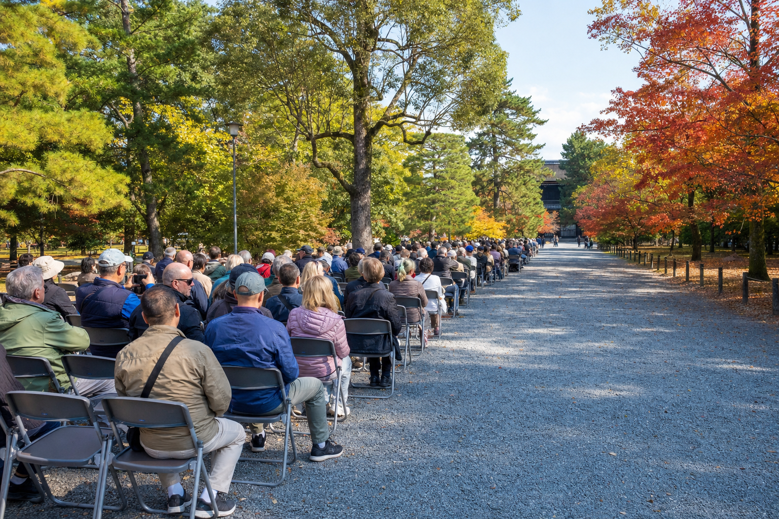 Rows of reserved outdoor festival seats in an autumn Kyoto park setting
