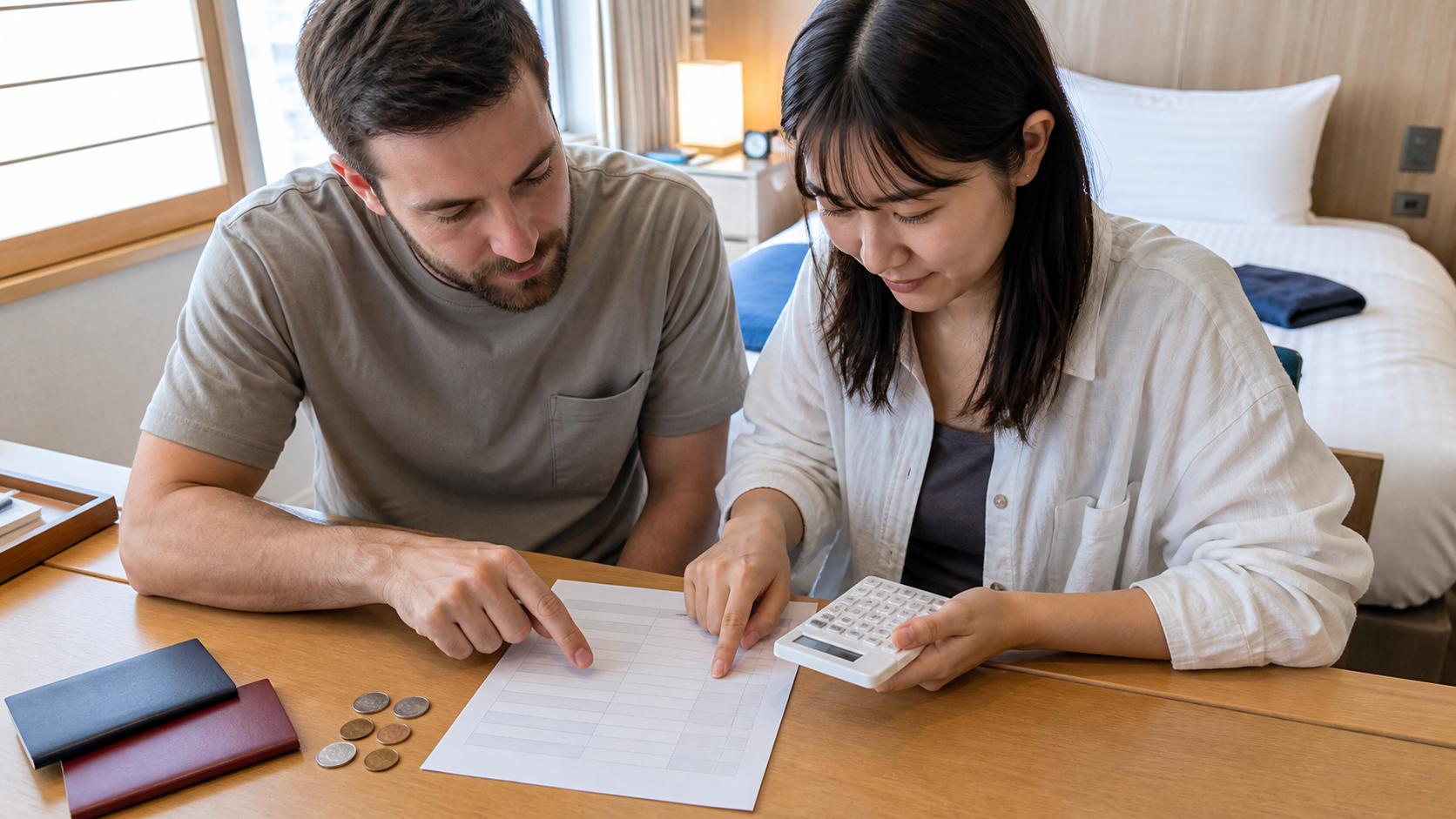 Two travelers use a calculator and blank cost sheet in a Japanese hotel room