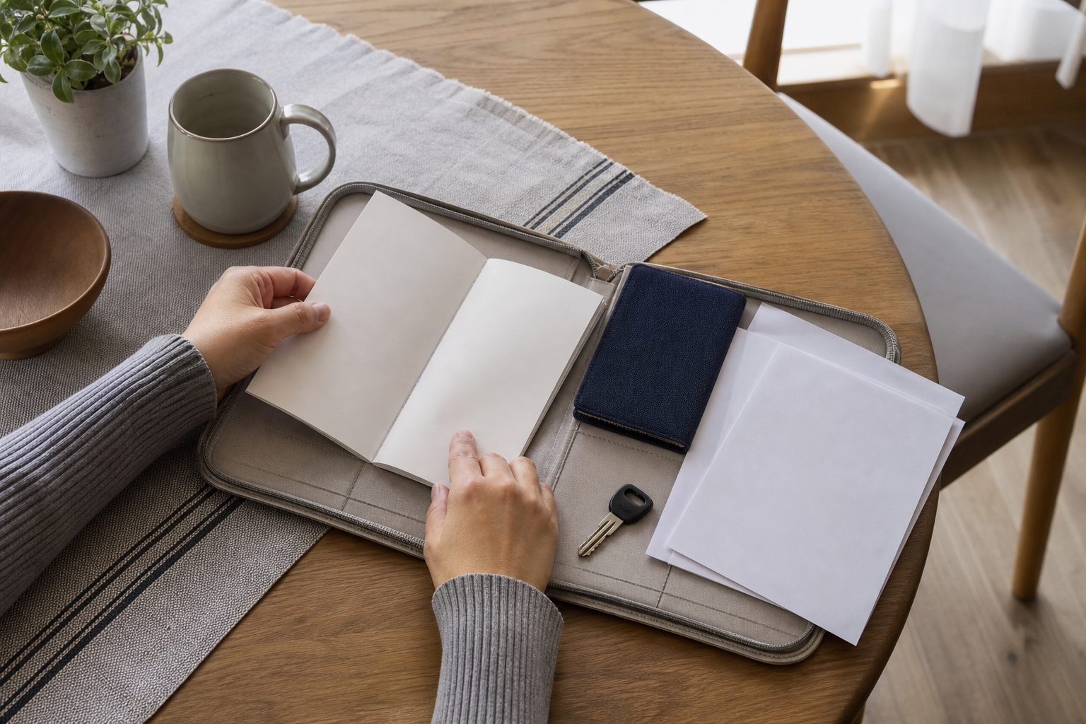 Traveler organizing blank paper driving documents, a passport wallet and a rental-car key before departure