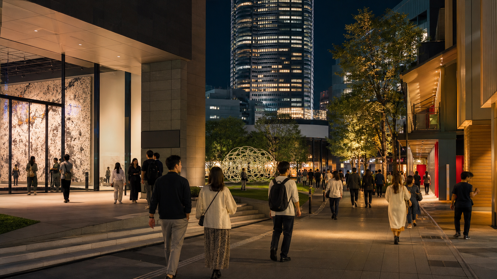 Travelers walking between contemporary art venues in the Roppongi district at night