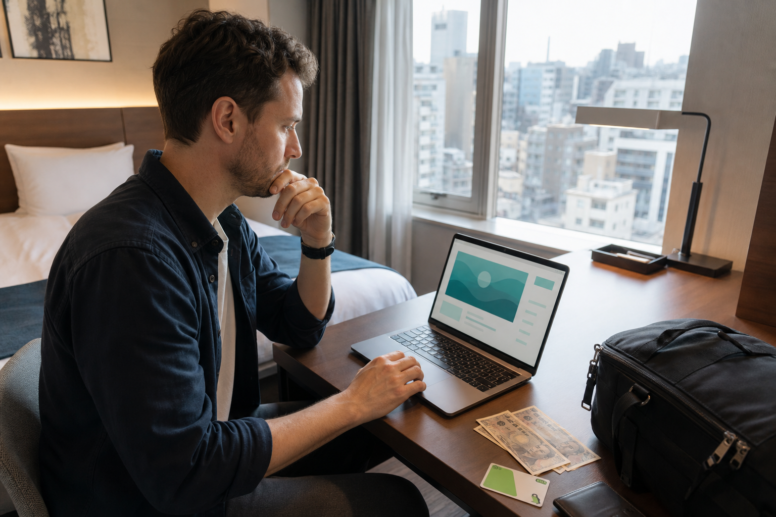 A traveler rechecking an official sales page on a laptop before deciding whether to travel