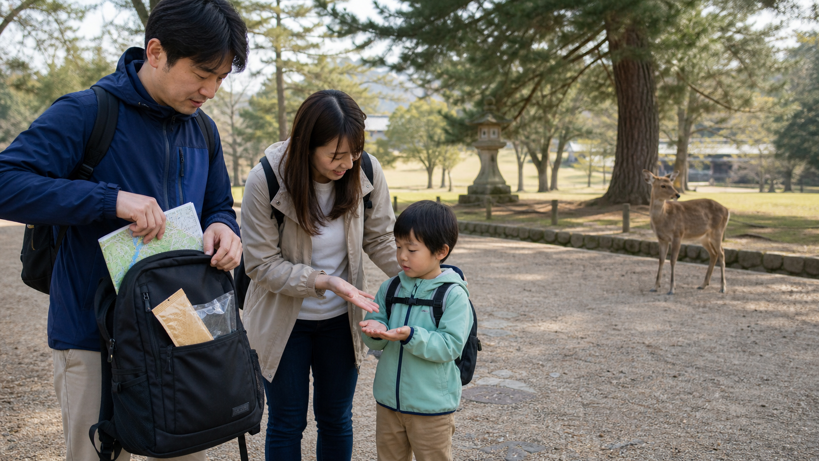 Visitors secure paper and food inside a zipped bag before approaching Nara deer