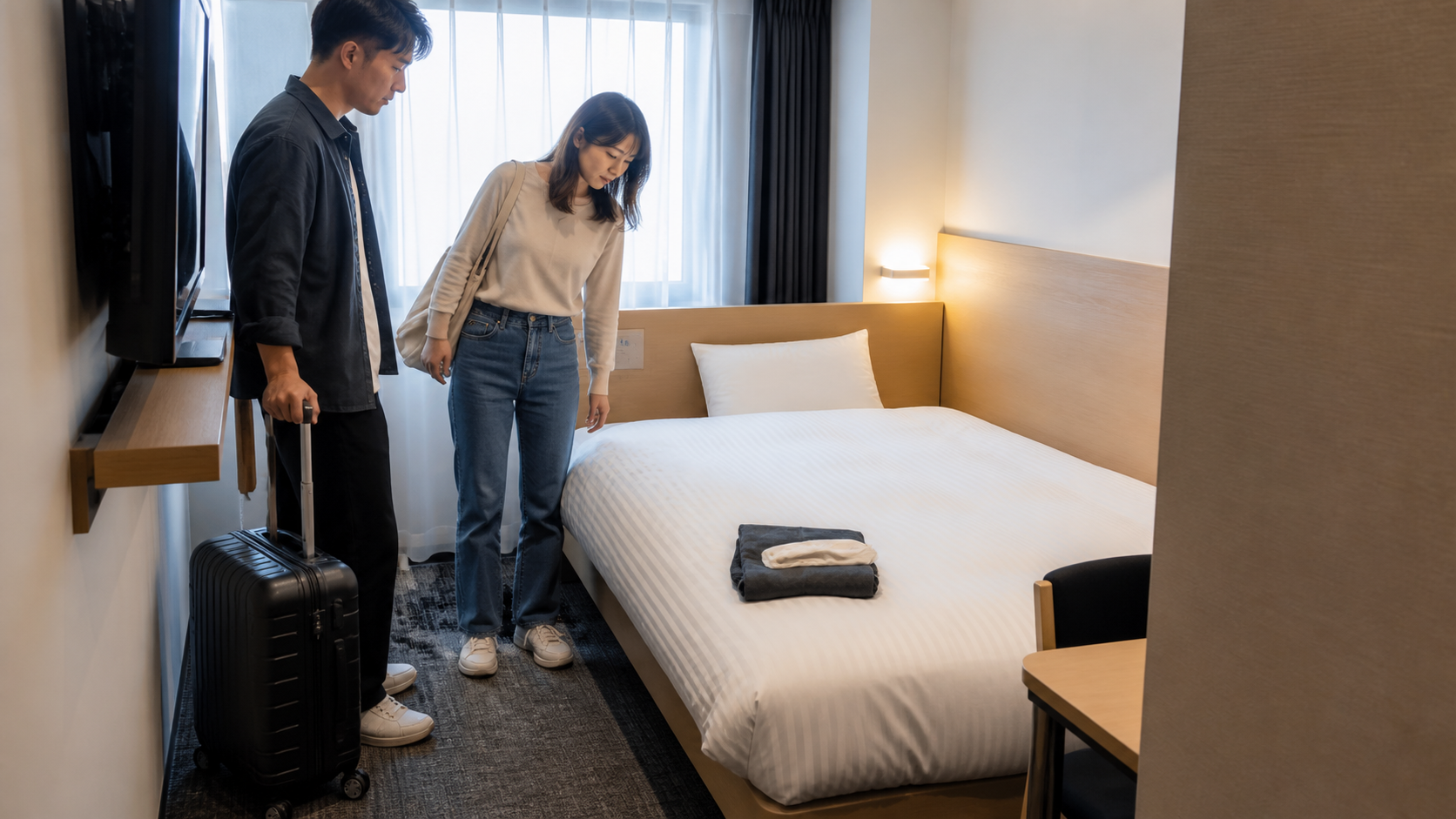 Two adult travelers evaluating the limited space around a semi-double bed in a bright Japanese hotel room