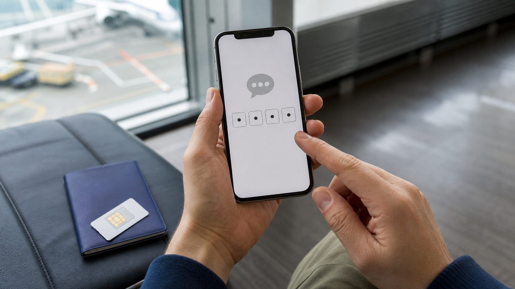 Traveler receiving an SMS verification code while setting up a taxi app