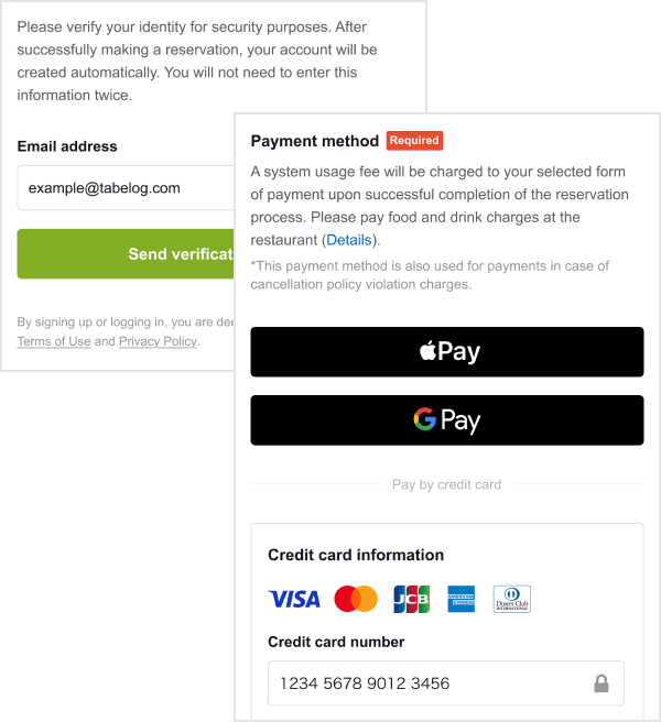 Official Tabelog English payment-method screen showing supported online payment methods