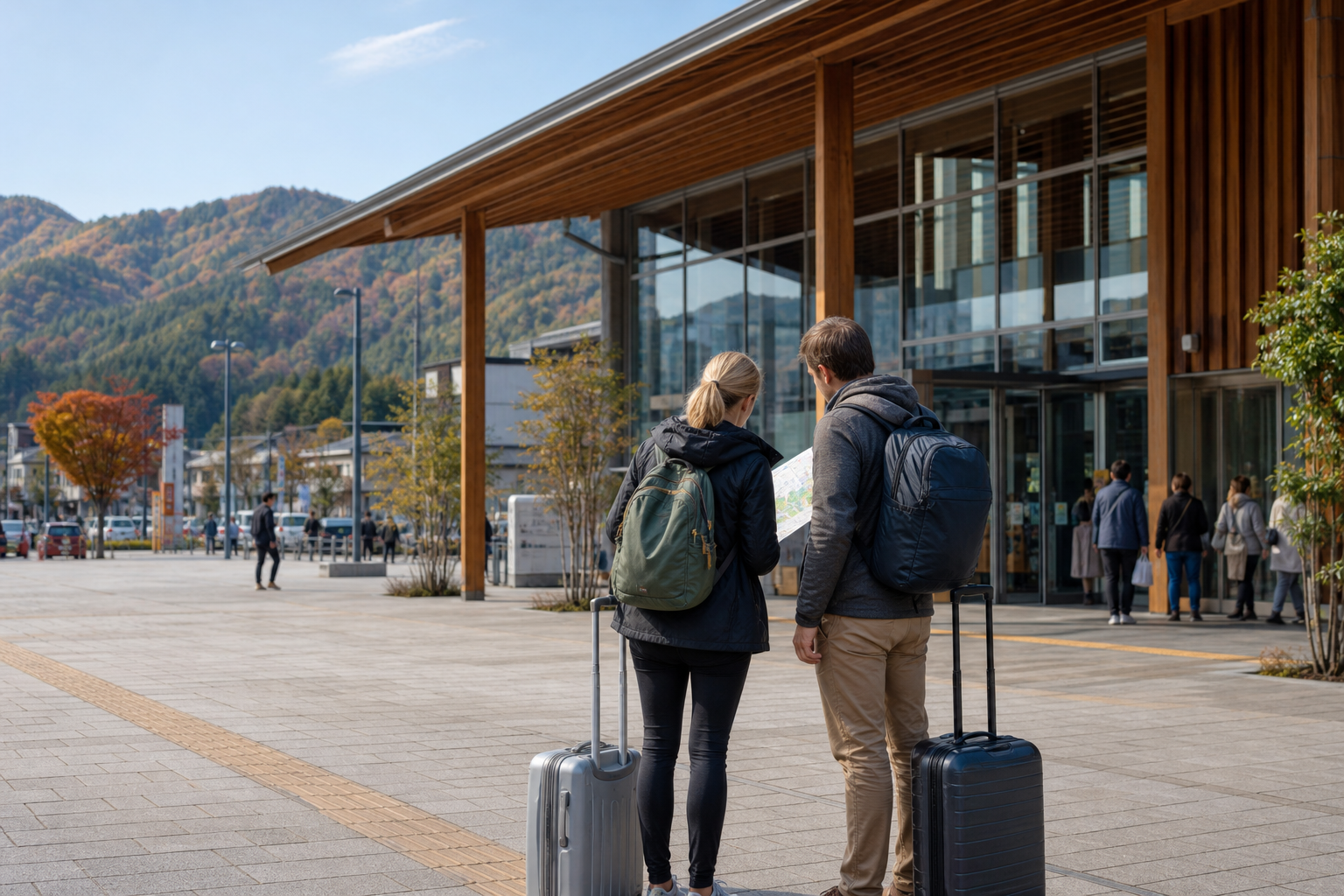 Travelers with compact luggage checking their route outside Takayama Station