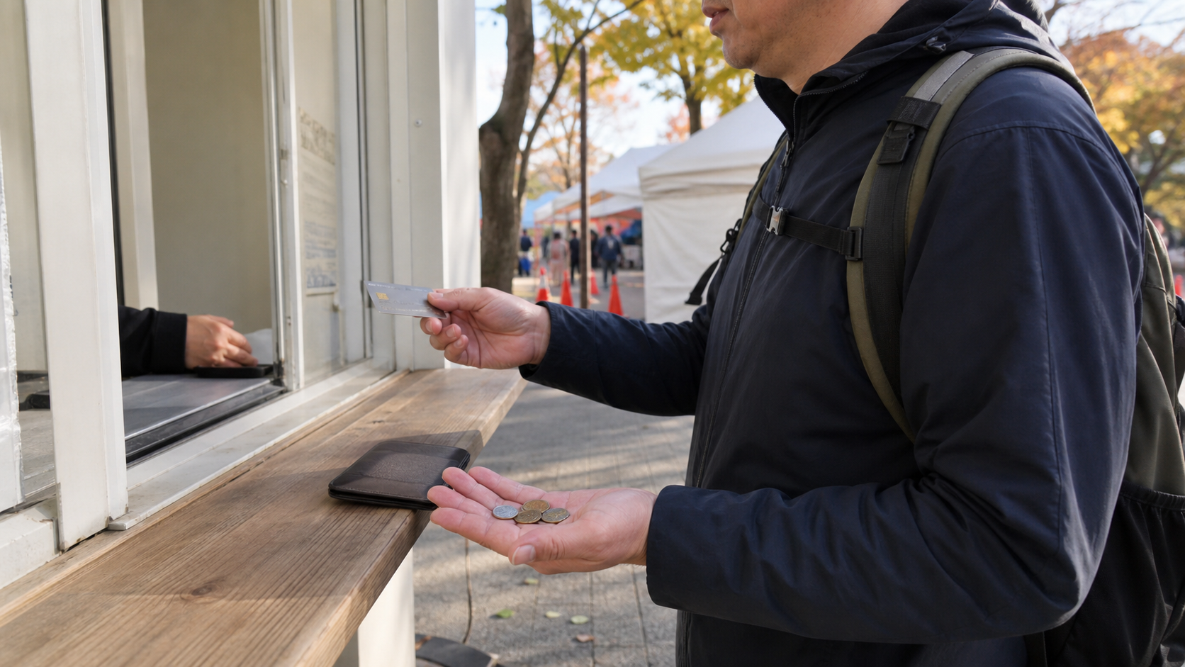 Traveler preparing a payment card and cash at an outdoor festival ticket counter