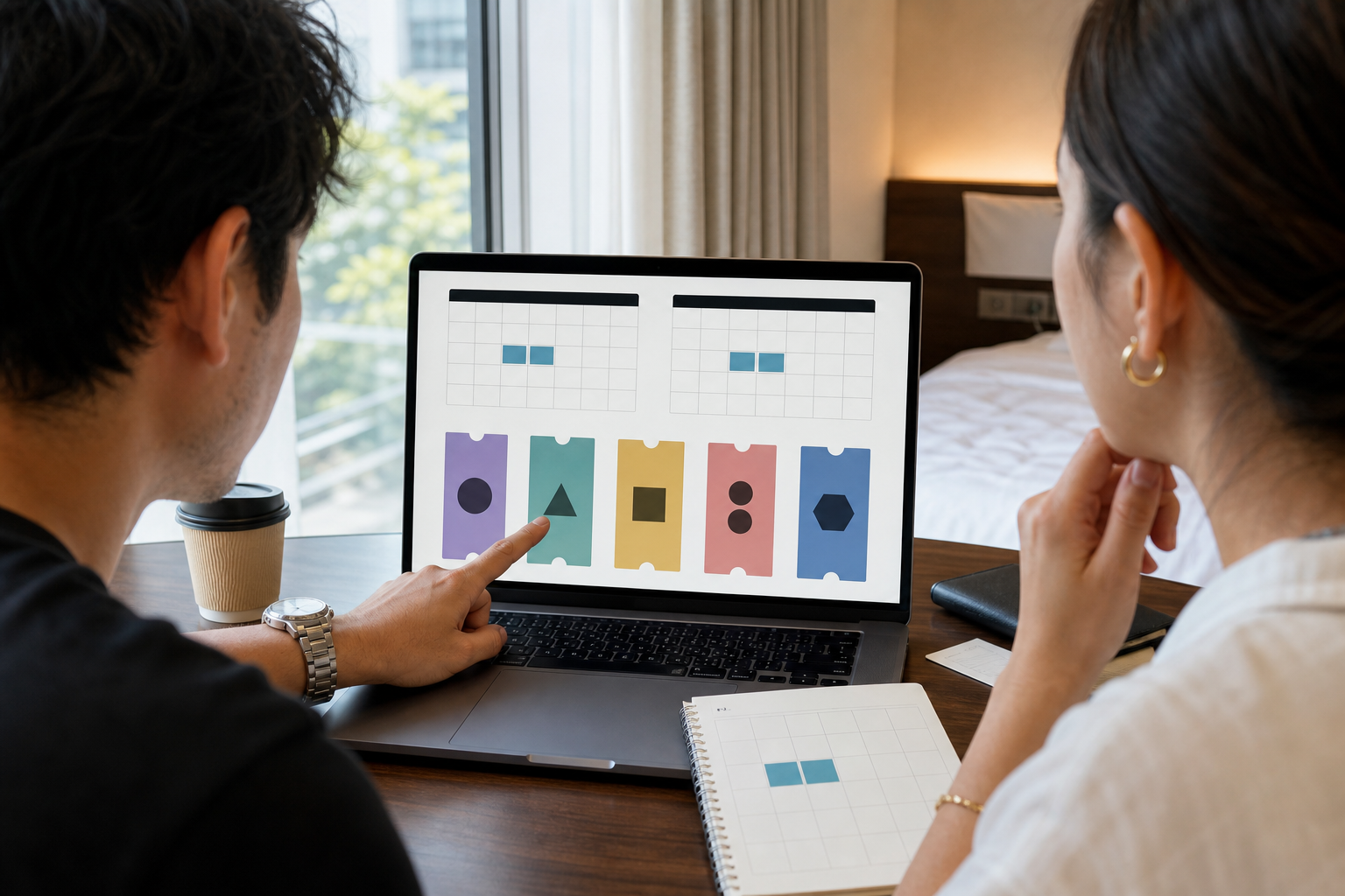 Adult travelers compare one-day and two-day festival ticket options at a Tokyo hotel desk