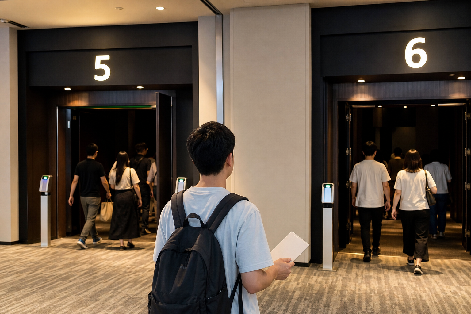 Traveler choosing between two numbered cinema auditoriums