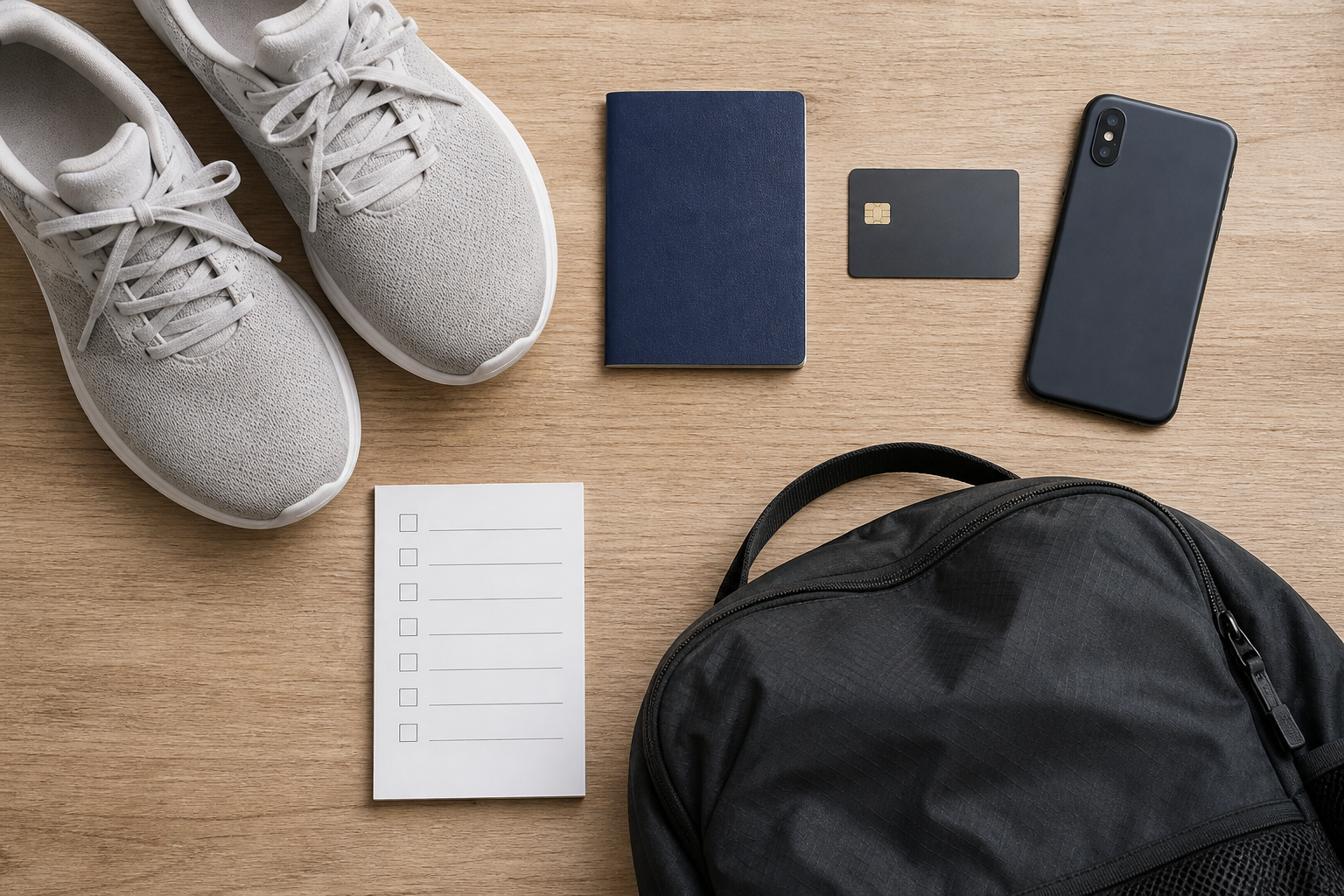 Race shoes, passport, payment card, phone and checklist prepared for an overseas race application