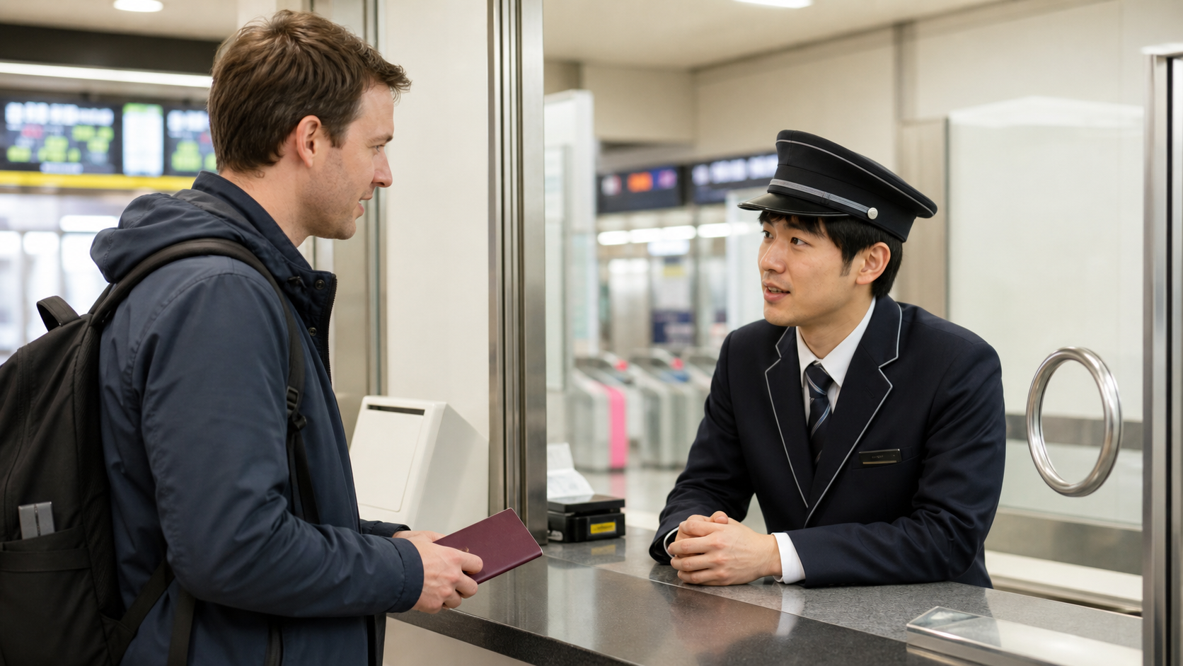 International traveler asking a Japanese station employee for lost-card help