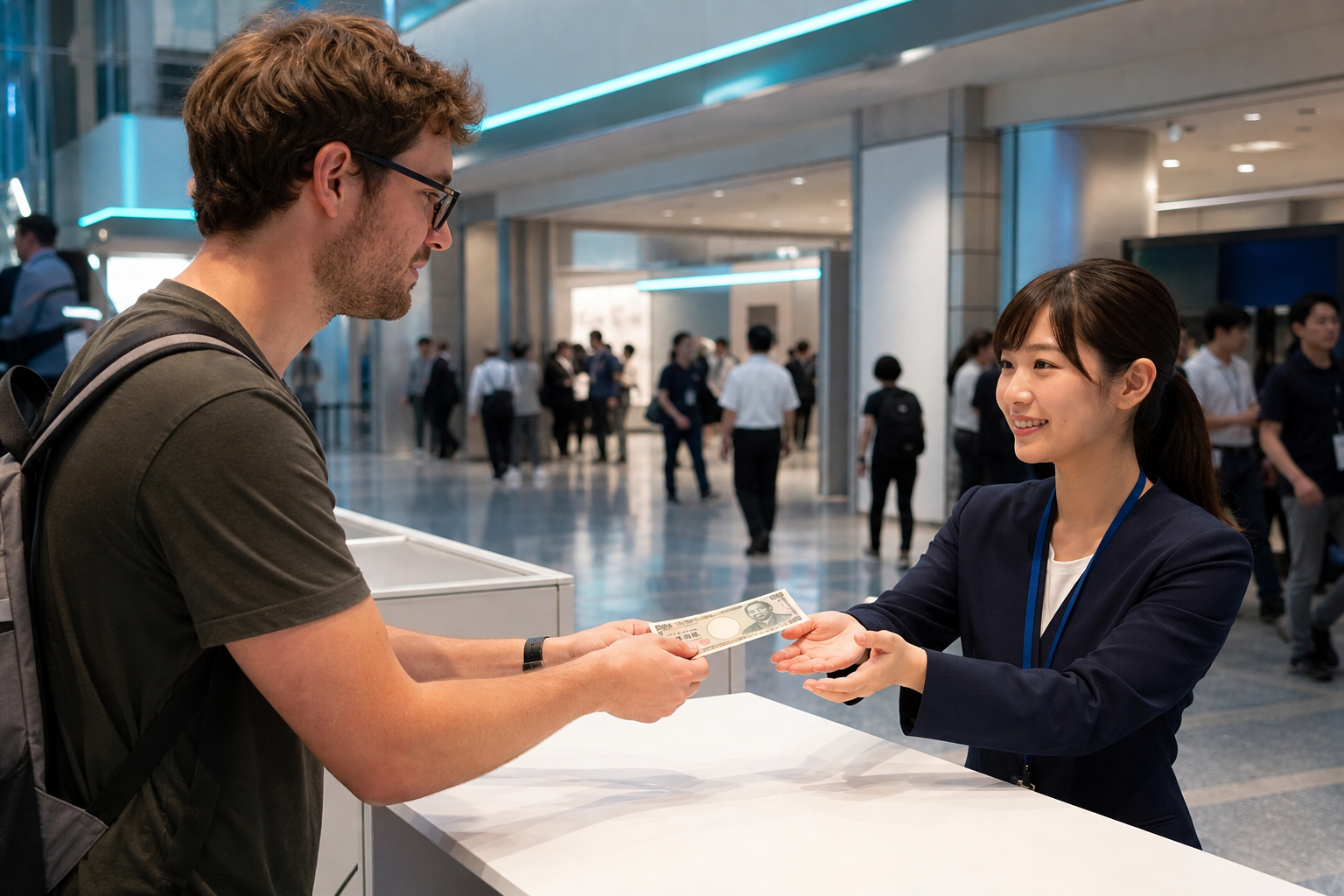 A generic Japanese exhibition day-ticket counter and a visitor holding yen, with no readable text