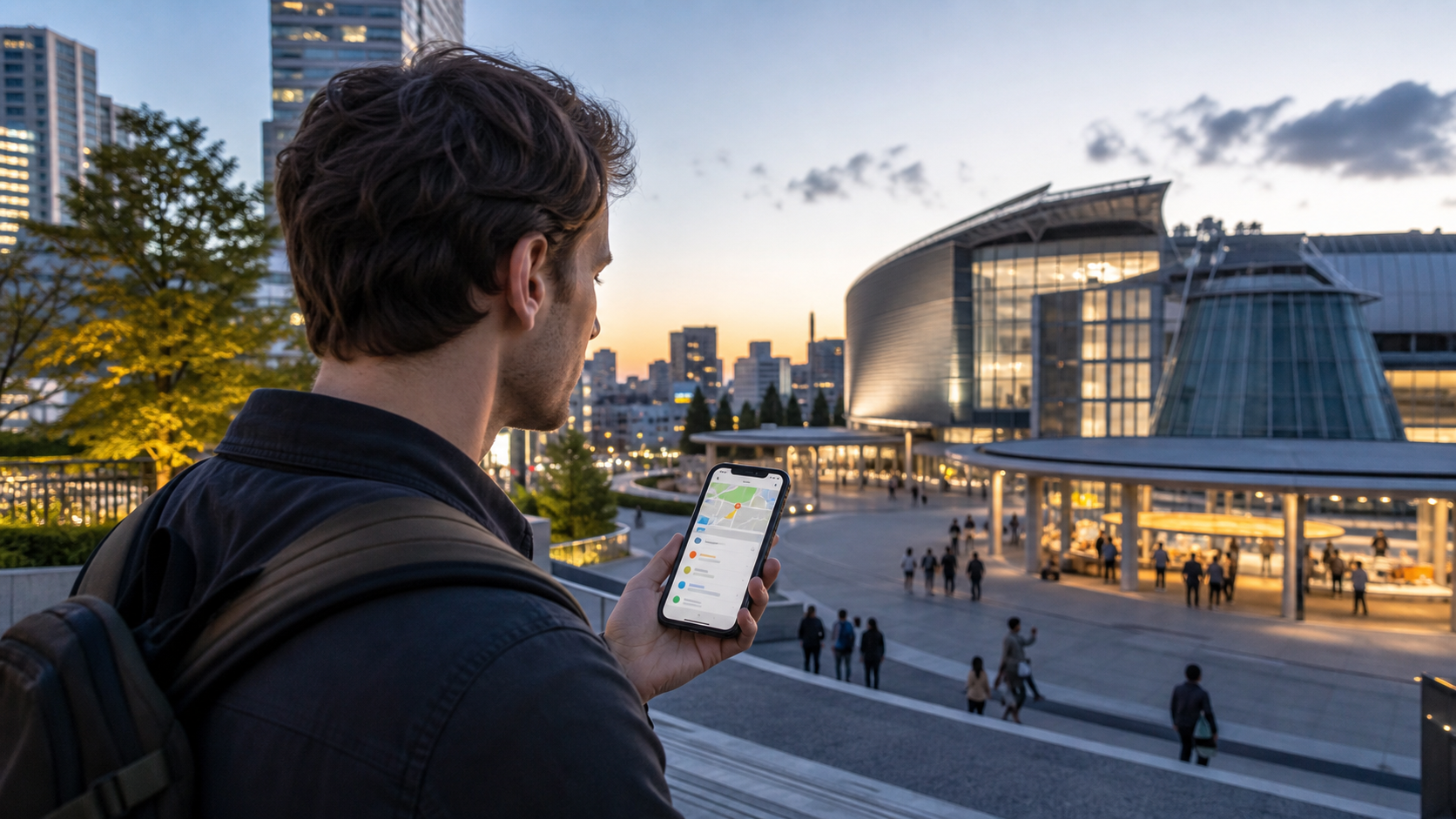 Traveler checking the official art-night program on a phone before sunset in Roppongi