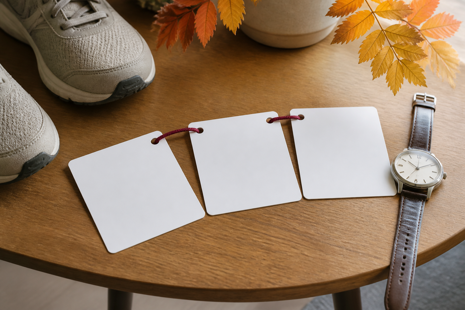 Three blank planning cards linked by a short cord beside walking shoes