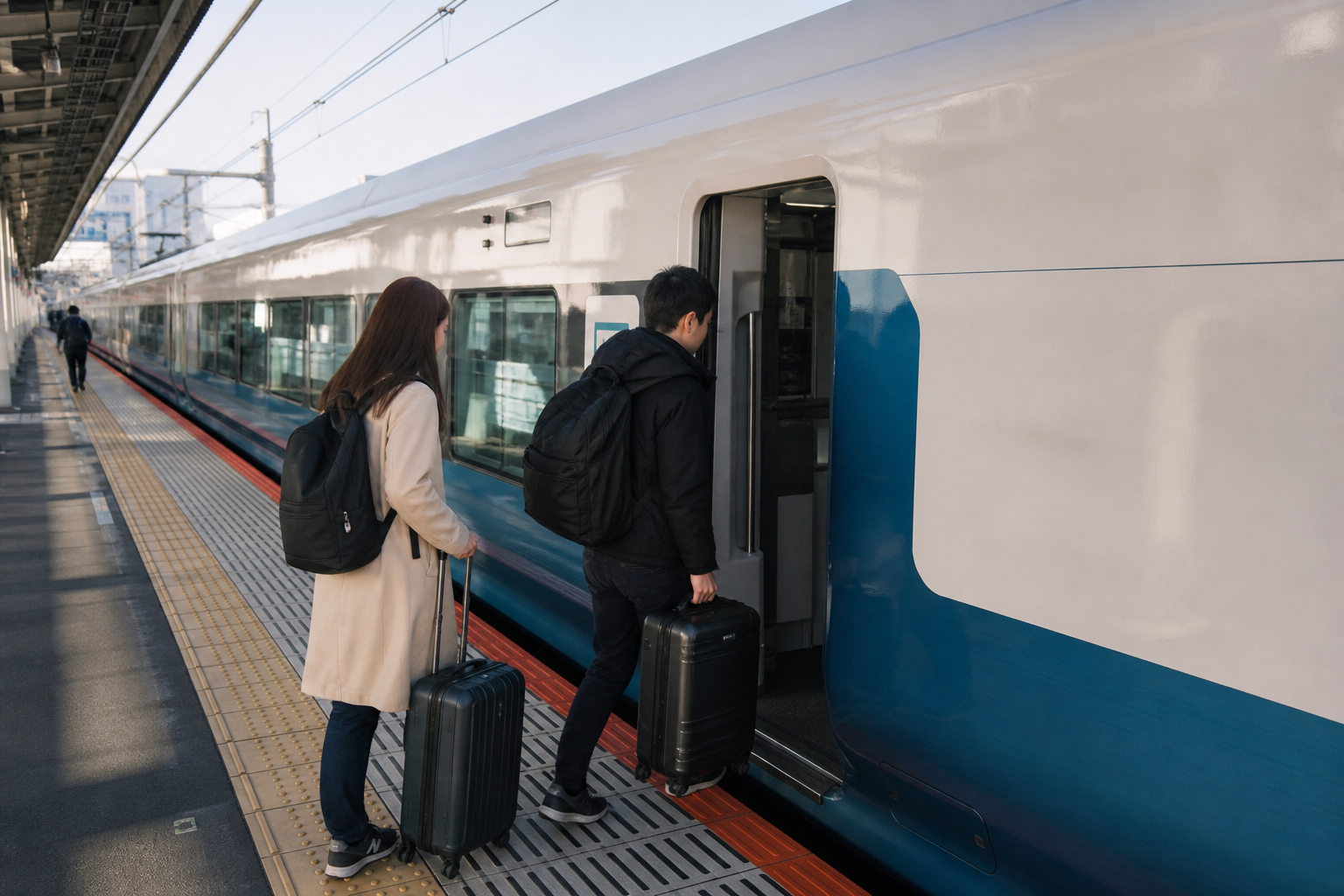 Travelers boarding the ordinary car of a modern regional train in Japan