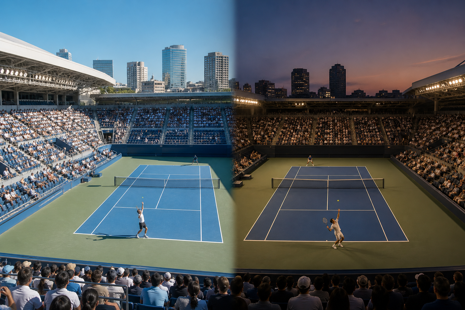 Daytime and evening tennis sessions at the same blue hard-court stadium