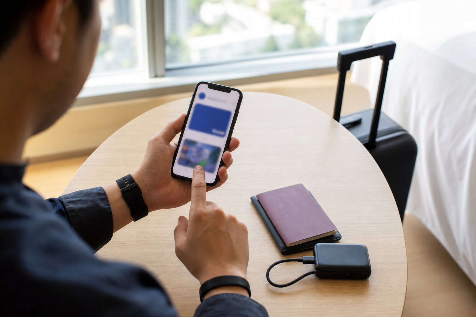 A traveler prepares a digital festival ticket phone beside a passport and power bank